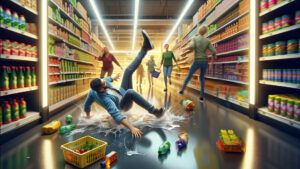 Caution sign on wet floor indicating potential slip and fall hazard, symbolizing the importance of safety and awareness in public spaces in California.