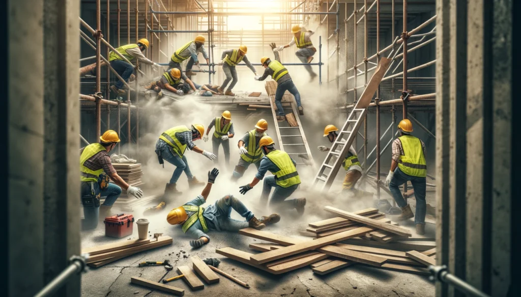 Construction site accident with multiple workers in high-visibility vests and hard hats, one fallen on the ground amidst a cloud of dust, scattered tools, and wooden planks, with others rushing to assist, highlighting the chaos and potential for third-party injury claims.
