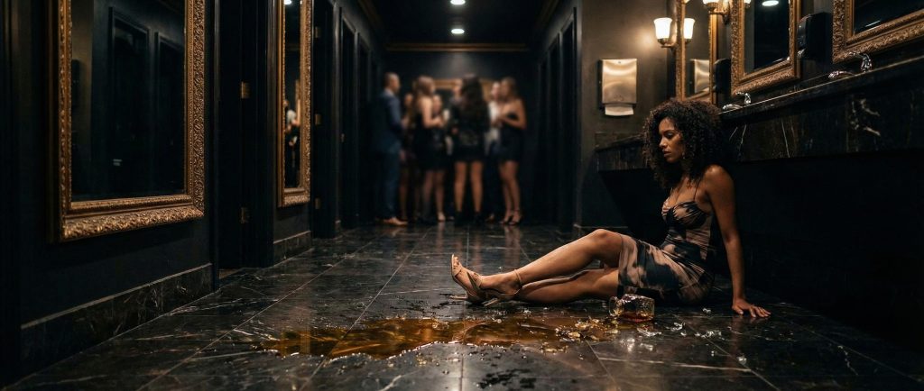 Woman slip and fall on the floor at a nightclub bathroom area