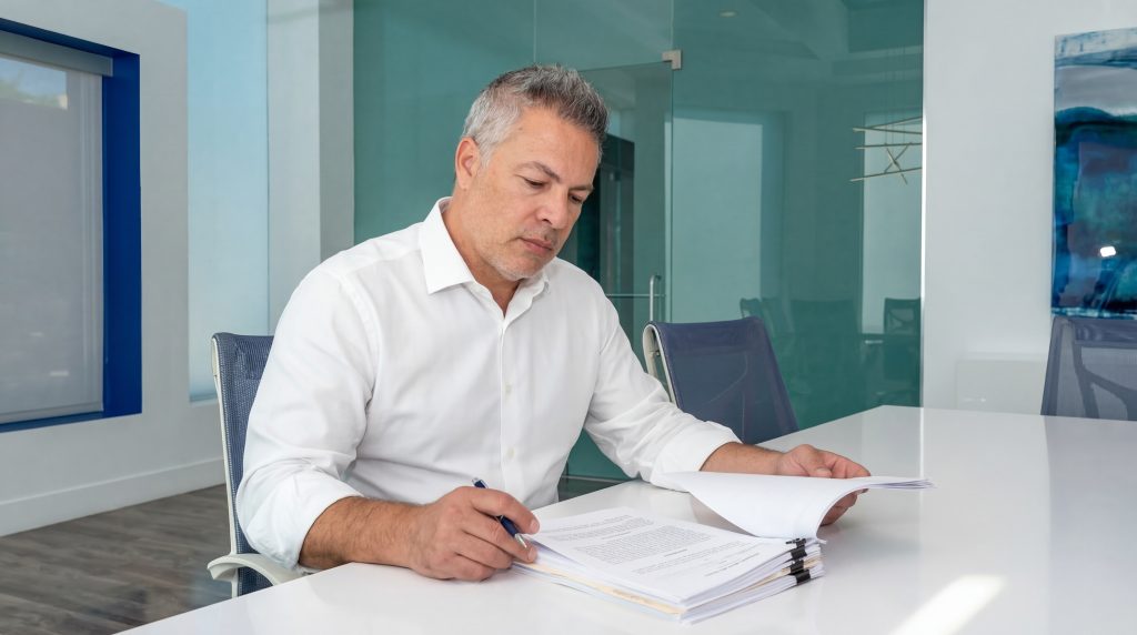 Omid Khorshidi reviewing a personal injury case file at Khorshidi Law Firm in Beverly Hills, California.