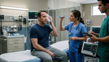 Person receiving medical evaluation after a slip and fall accident with concern for head injury and emergency symptoms