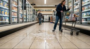 Person carefully standing after slipping on an icy sidewalk while checking for injuries and documenting the scene.