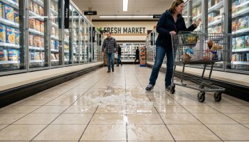 Person carefully standing after slipping on an icy sidewalk while checking for injuries and documenting the scene.