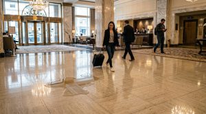 Person examining a wet floor accident scene with caution sign in a commercial property