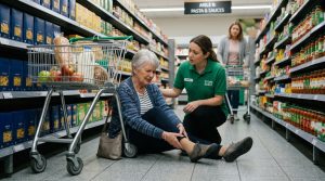 Supermarket slip and fall injury scene with shopper holding wrist near spill