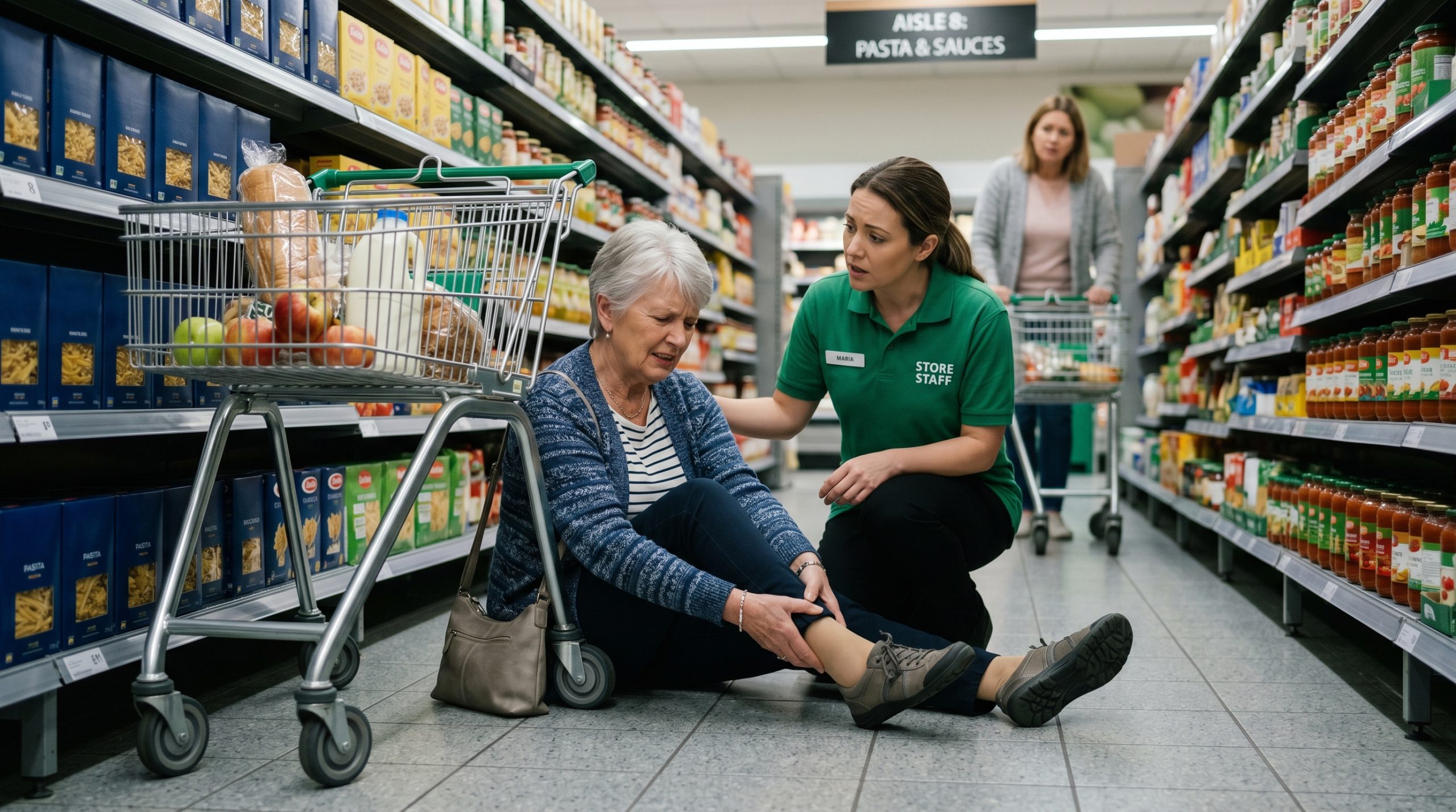 Supermarket slip and fall injury scene with shopper holding wrist near spill
